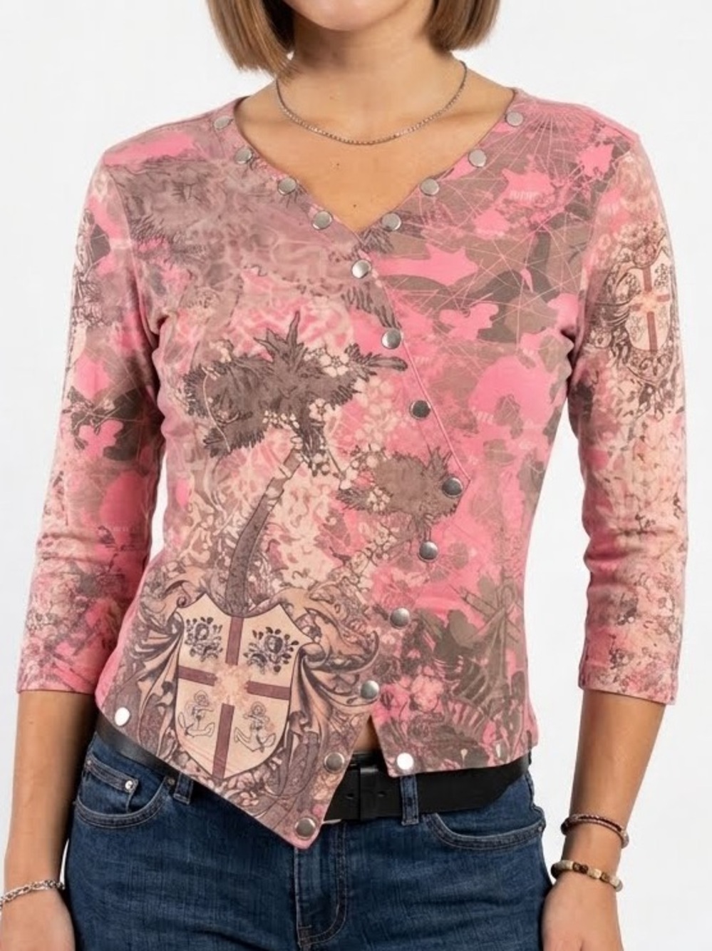 M Y2K Boho Chic Pink Floral Asymmetrical Long Sleeve Top with Studs